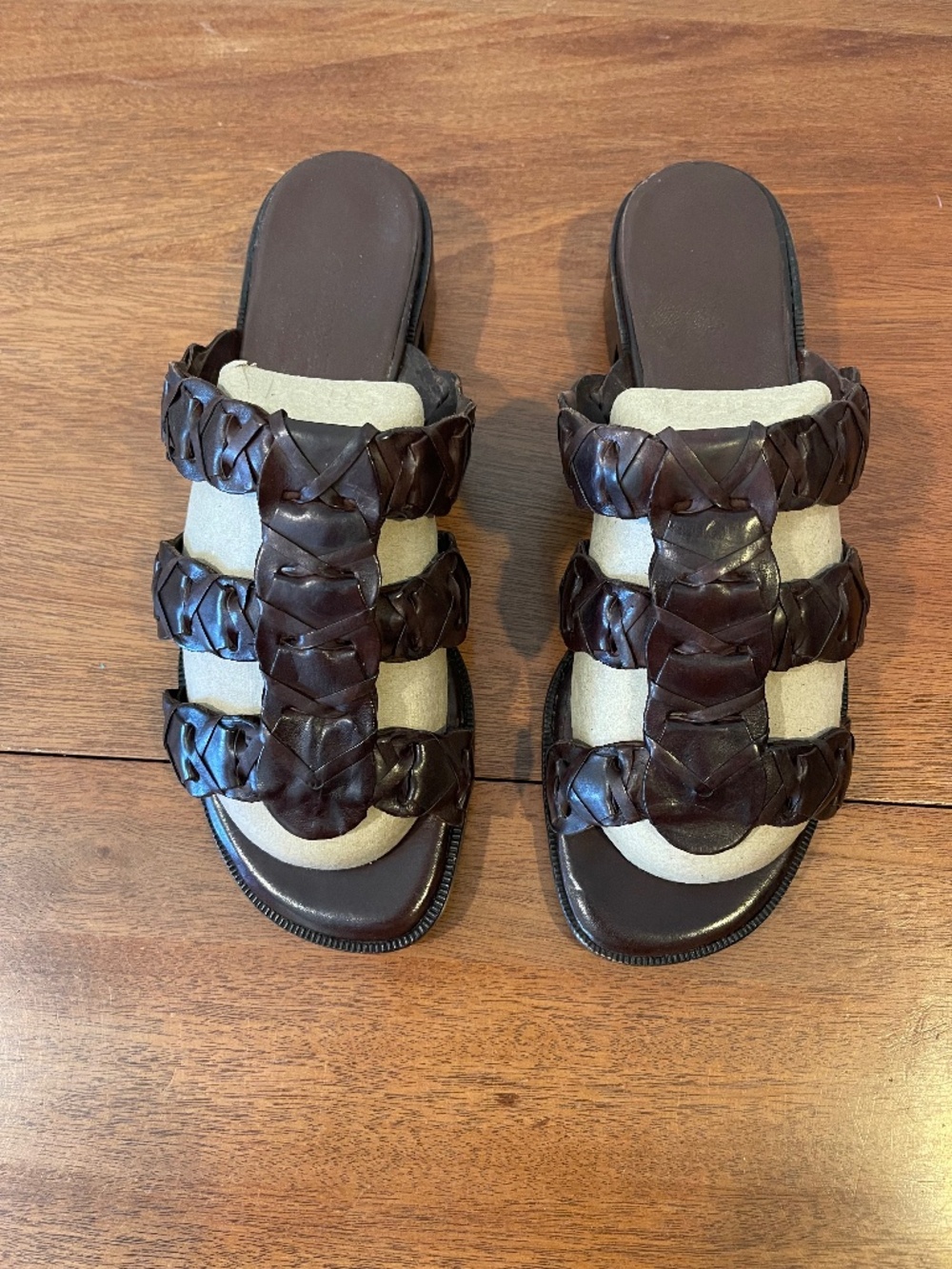 Cole Haan Brown Leather Slip on Flat Sandals Braided Strap Low Heel